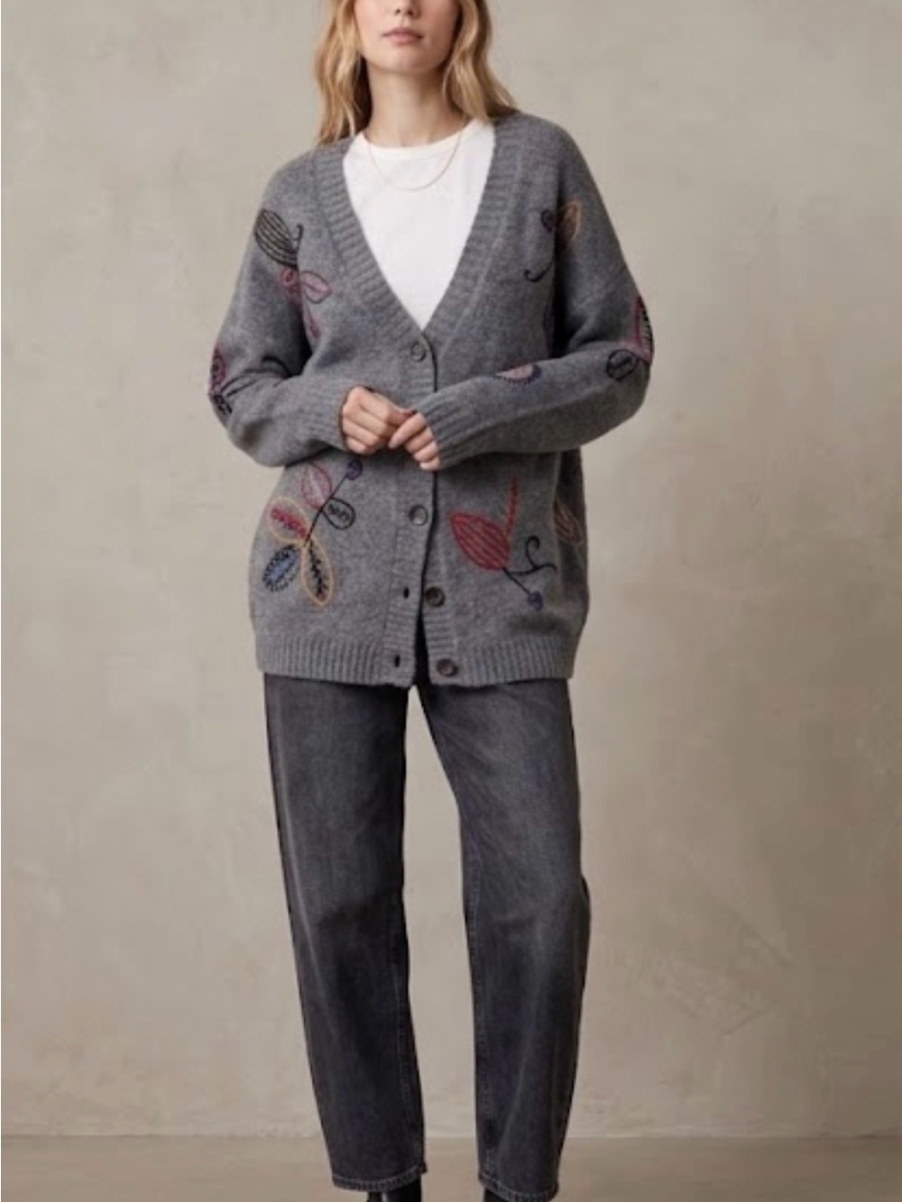 Gray V-Neck Embroidered Cardigan Sweater